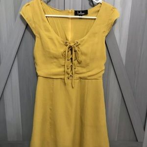 Lulus Mustard Lace Up Cap Sleeve Flare Dress Small